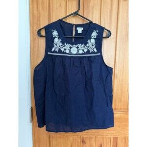 J. Crew Navy Blue Linen Blend Sleeveless Embroidered Top - Size 14